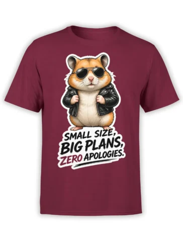 Orange cat in sunglasses and leather jacket graphic on a burgundy T-shirt with a bold slogan