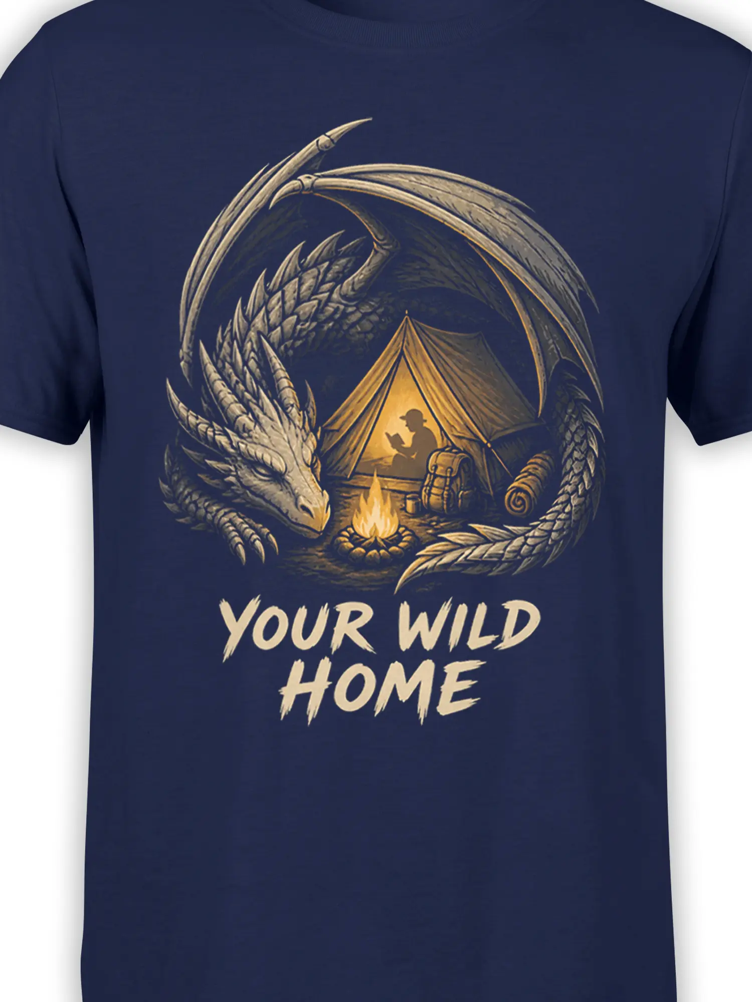 Close-up of dragon, tent, campfire, and “Your Wild Home” artwork on a navy graphic T-shirt