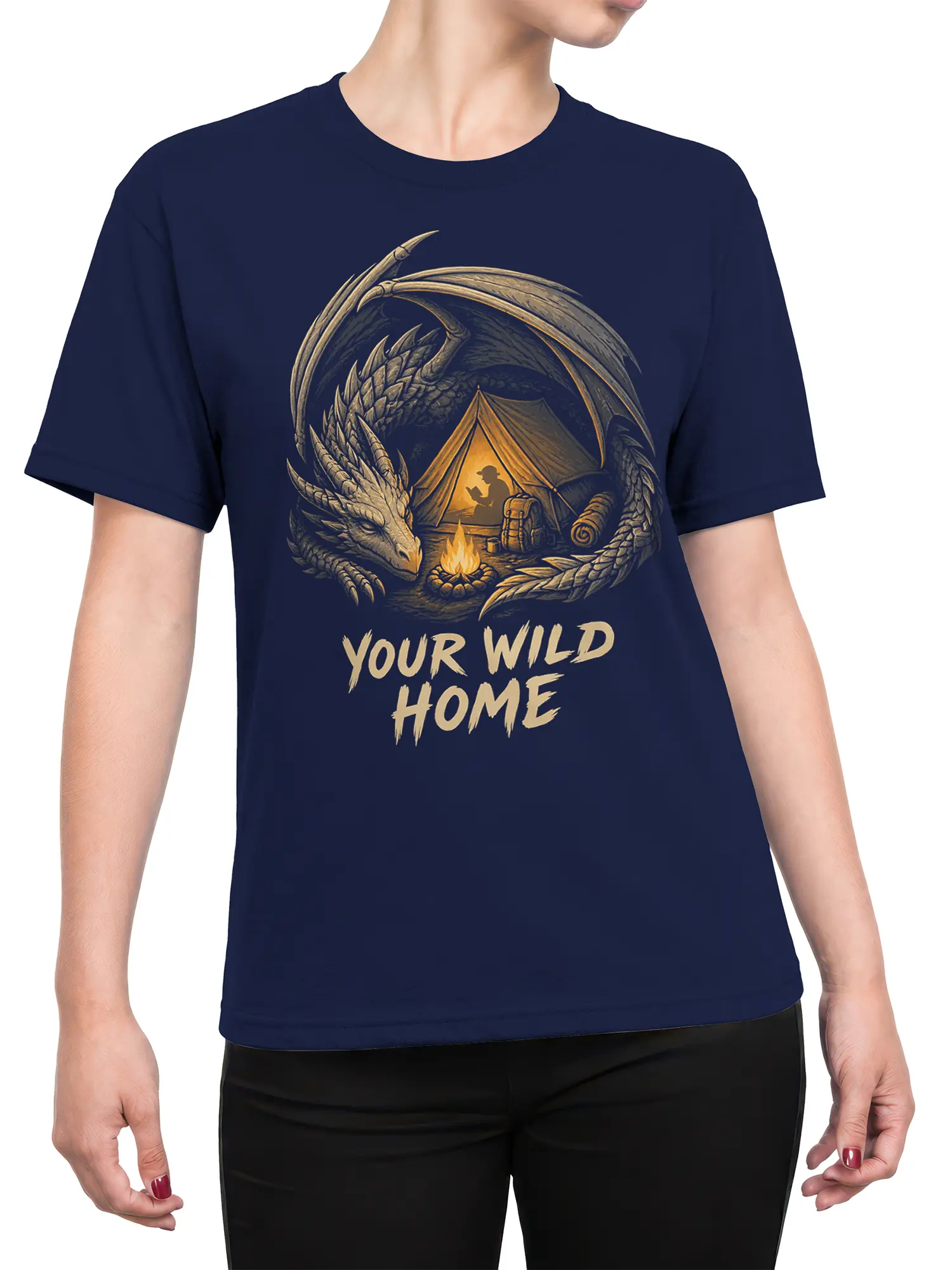 Female torso wearing a navy dragon camping T-shirt with a tent, campfire, and “Your Wild Home” design