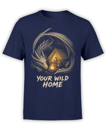 Winged dragon curled around a glowing campsite on a navy T-shirt with “Your Wild Home” text