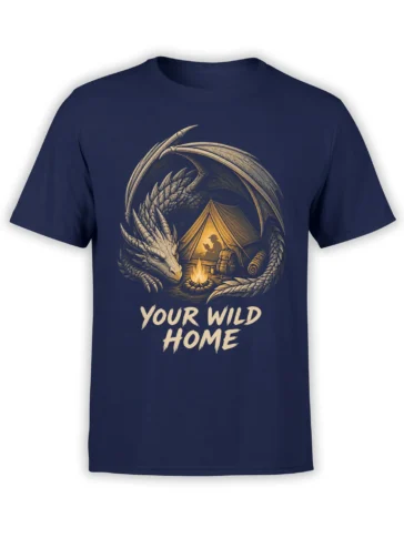 Winged dragon curled around a glowing campsite on a navy T-shirt with “Your Wild Home” text