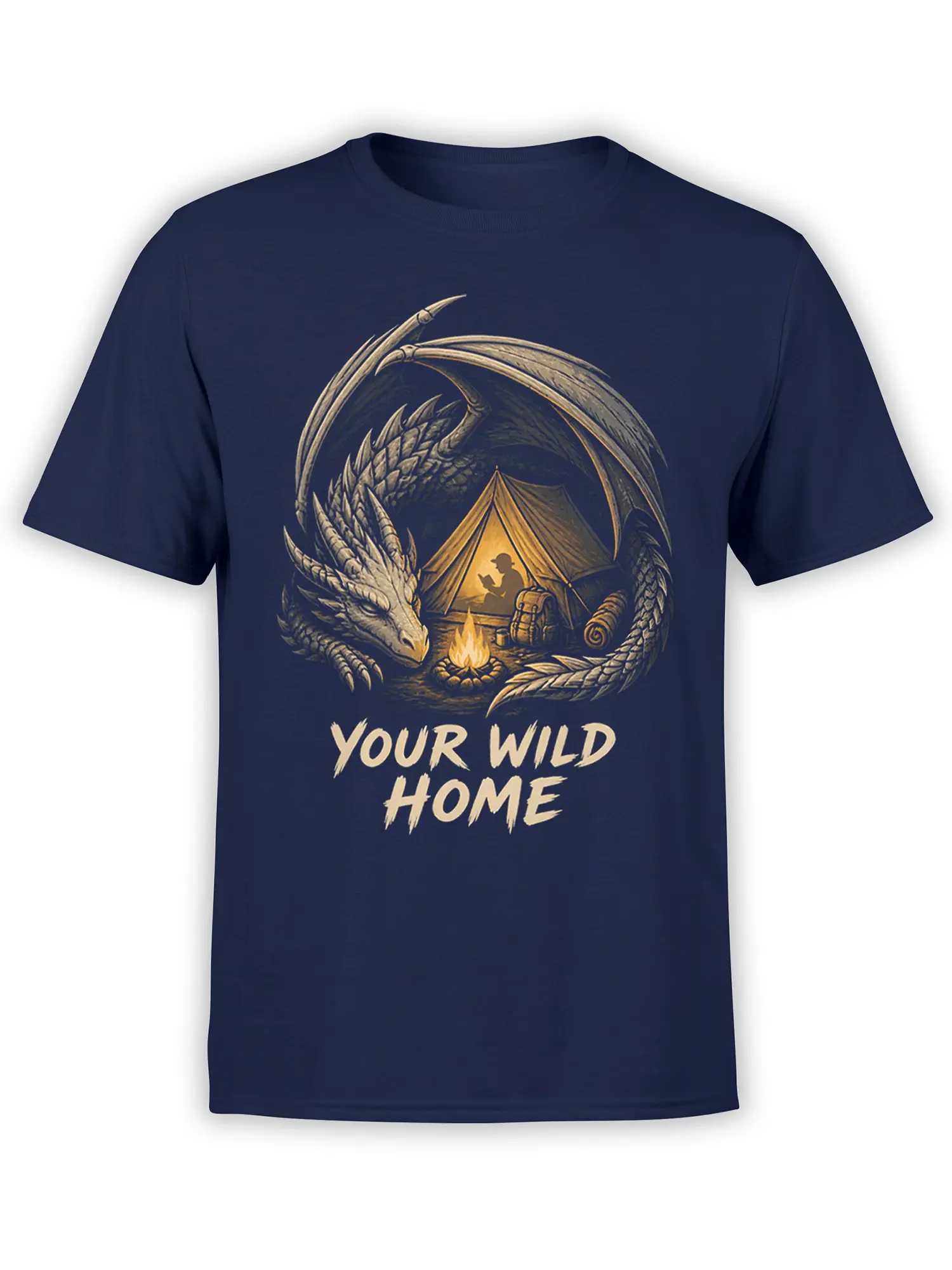 Winged dragon curled around a glowing campsite on a navy T-shirt with “Your Wild Home” text