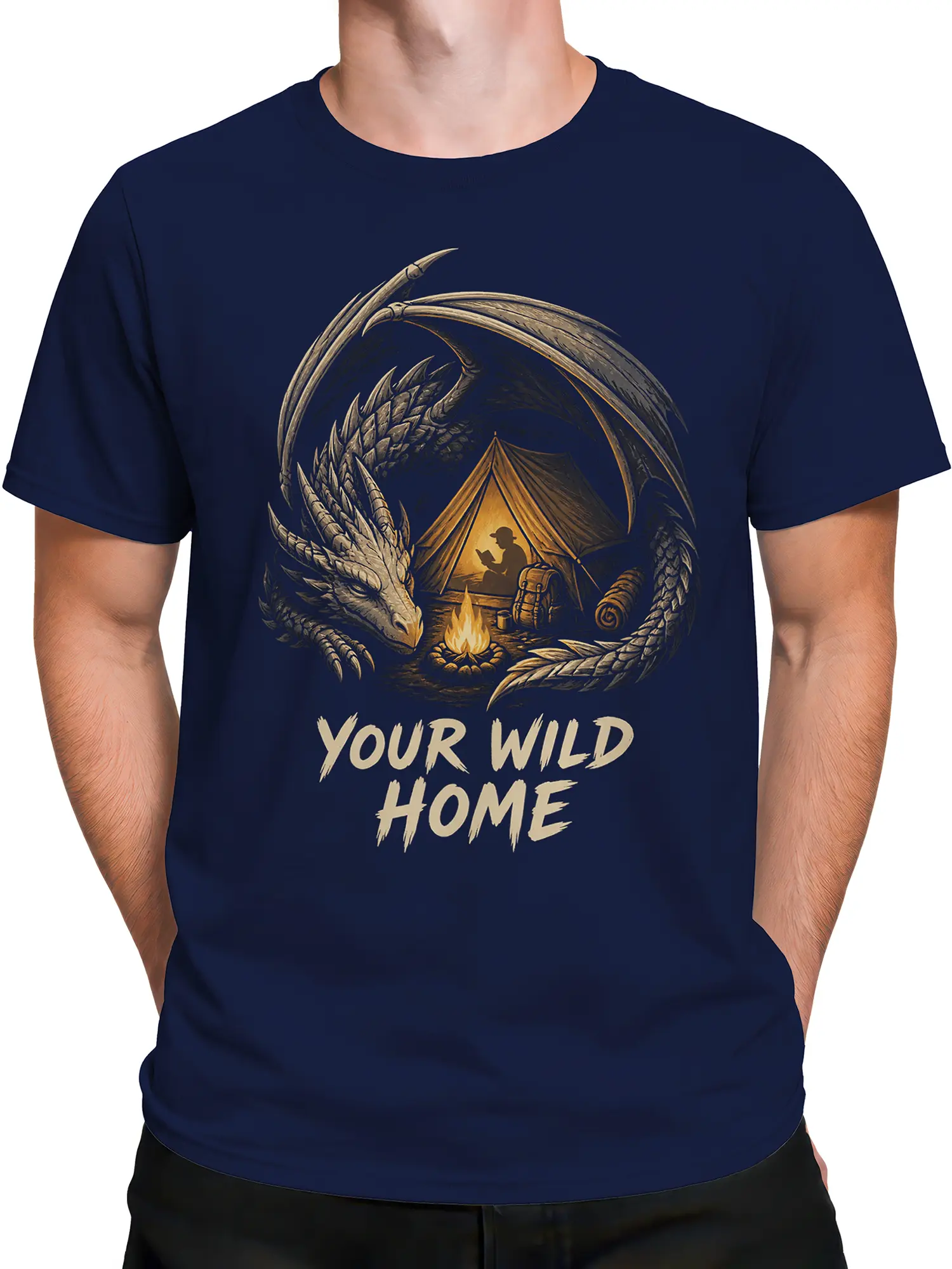 Male torso wearing a navy fantasy T-shirt with a dragon curled around a campsite scene