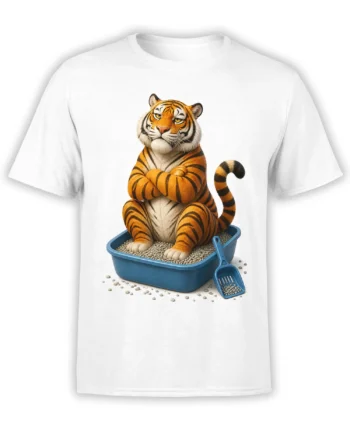 Grumpy orange tiger with folded arms sitting in a litter box on a white T-shirt