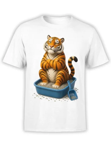 Grumpy orange tiger with folded arms sitting in a litter box on a white T-shirt