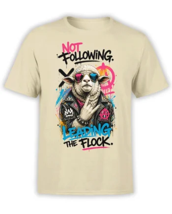 Rebellious sheep in sunglasses and leather jacket graphic on a beige Leading the Flock T-shirt