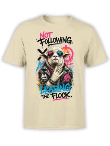 Rebellious sheep in sunglasses and leather jacket graphic on a beige Leading the Flock T-shirt