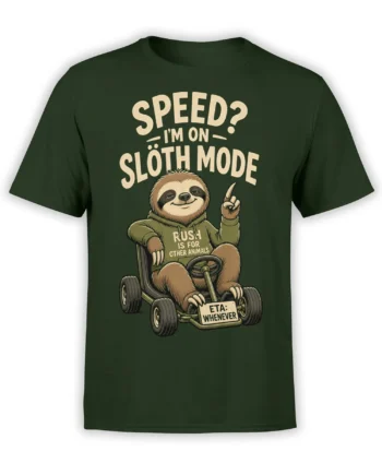 Green sloth t-shirt with a relaxed sloth driving a go-kart and “SPEED? I’M ON SLOTH MODE” text