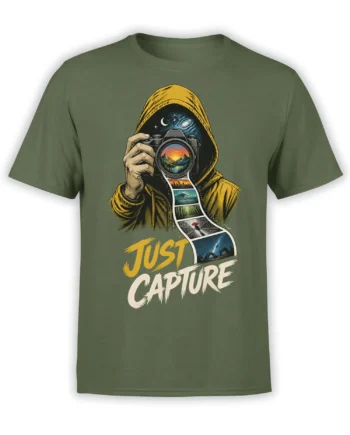 Green photographer T-shirt with hooded figure, vintage camera, scenic photo strip, and Just Capture text