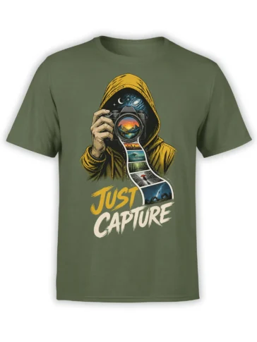 Green photographer T-shirt with hooded figure, vintage camera, scenic photo strip, and Just Capture text