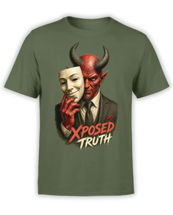 Olive green T-shirt with a suited horned demon holding a mask and the words XPOSED TRUTH