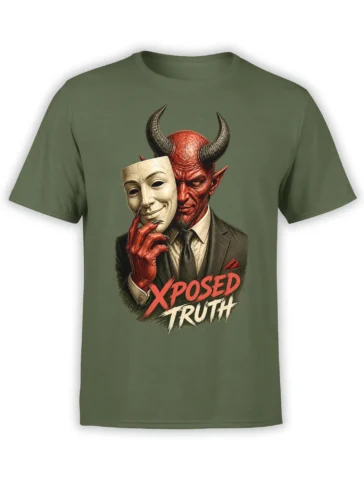 Olive green T-shirt with a suited horned demon holding a mask and the words XPOSED TRUTH