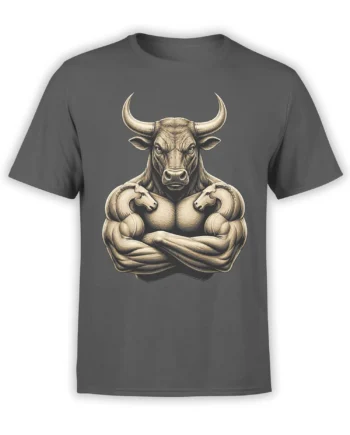 Gray T-shirt featuring a powerful horned bull with folded arms in a vintage-style cream and sepia illustration