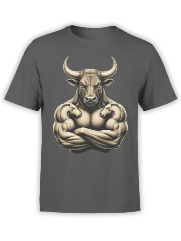 Gray T-shirt featuring a powerful horned bull with folded arms in a vintage-style cream and sepia illustration
