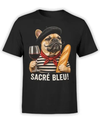 Black T-shirt with a French bulldog in a beret holding wine and a baguette with Sacré Bleu text