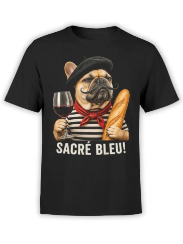 Black T-shirt with a French bulldog in a beret holding wine and a baguette with Sacré Bleu text
