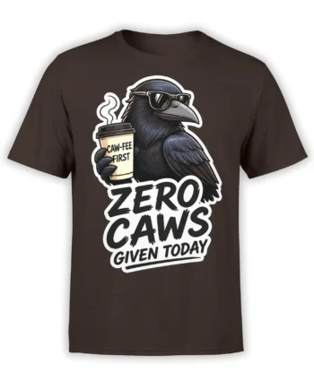 Black raven in sunglasses holding a coffee cup on a brown T-shirt with “Zero Caws Given Today” lettering