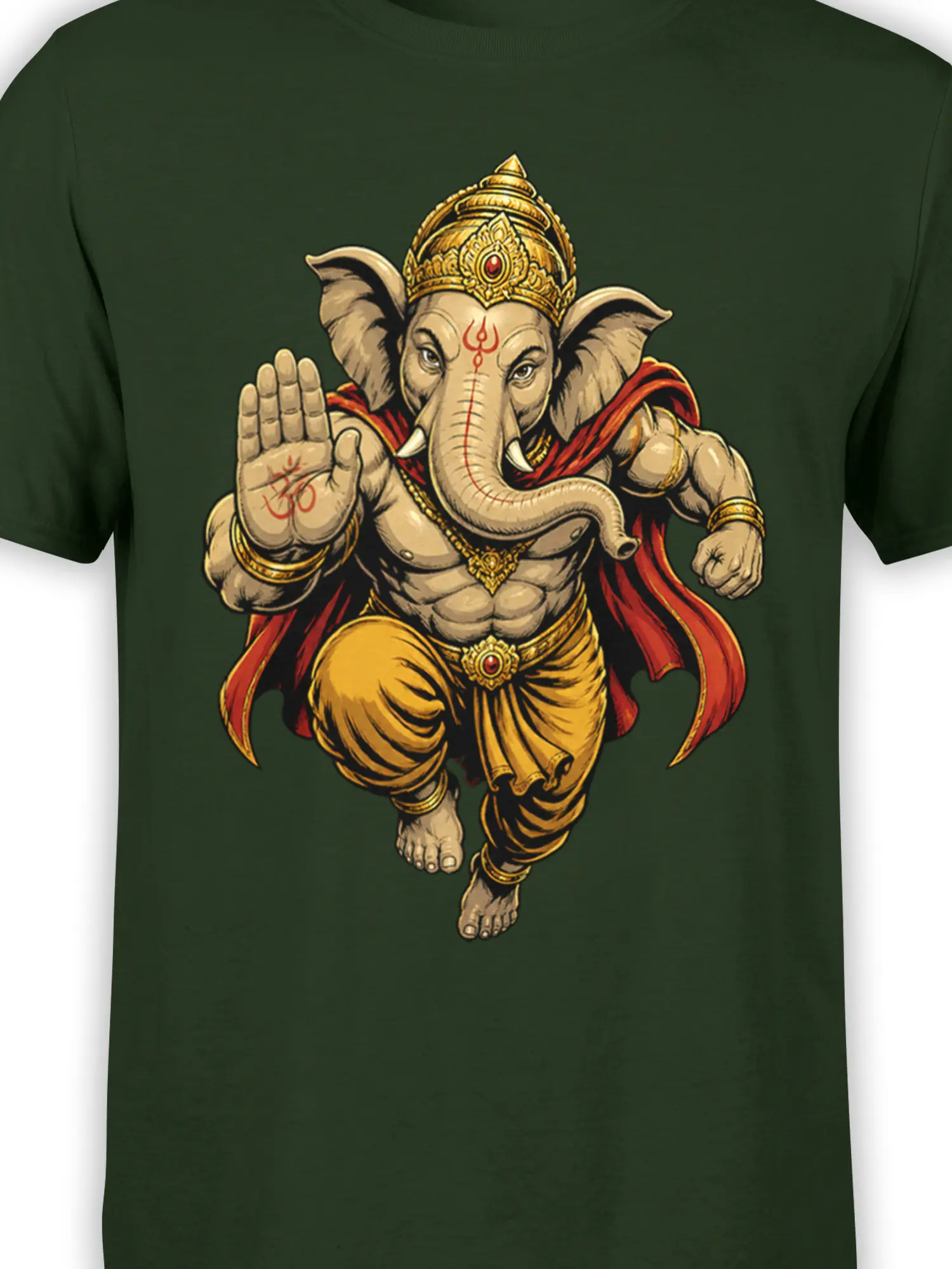 Close-up of the crowned elephant deity artwork on a dark green mythology T-shirt