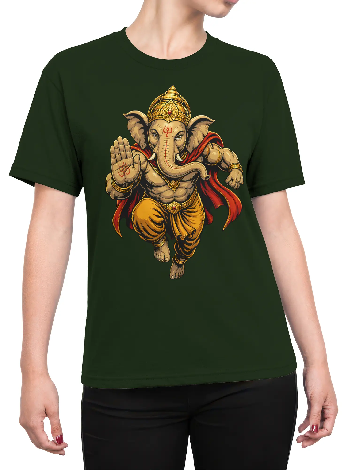 Female torso wearing a dark green T-shirt with a crowned elephant deity graphic
