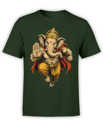 Elephant-headed deity in a gold crown and red cape printed on a dark green T-shirt