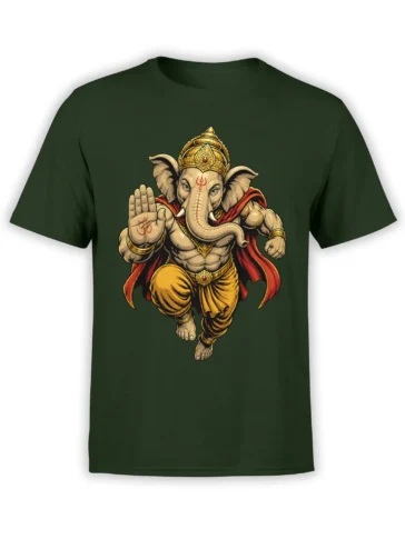 Elephant-headed deity in a gold crown and red cape printed on a dark green T-shirt