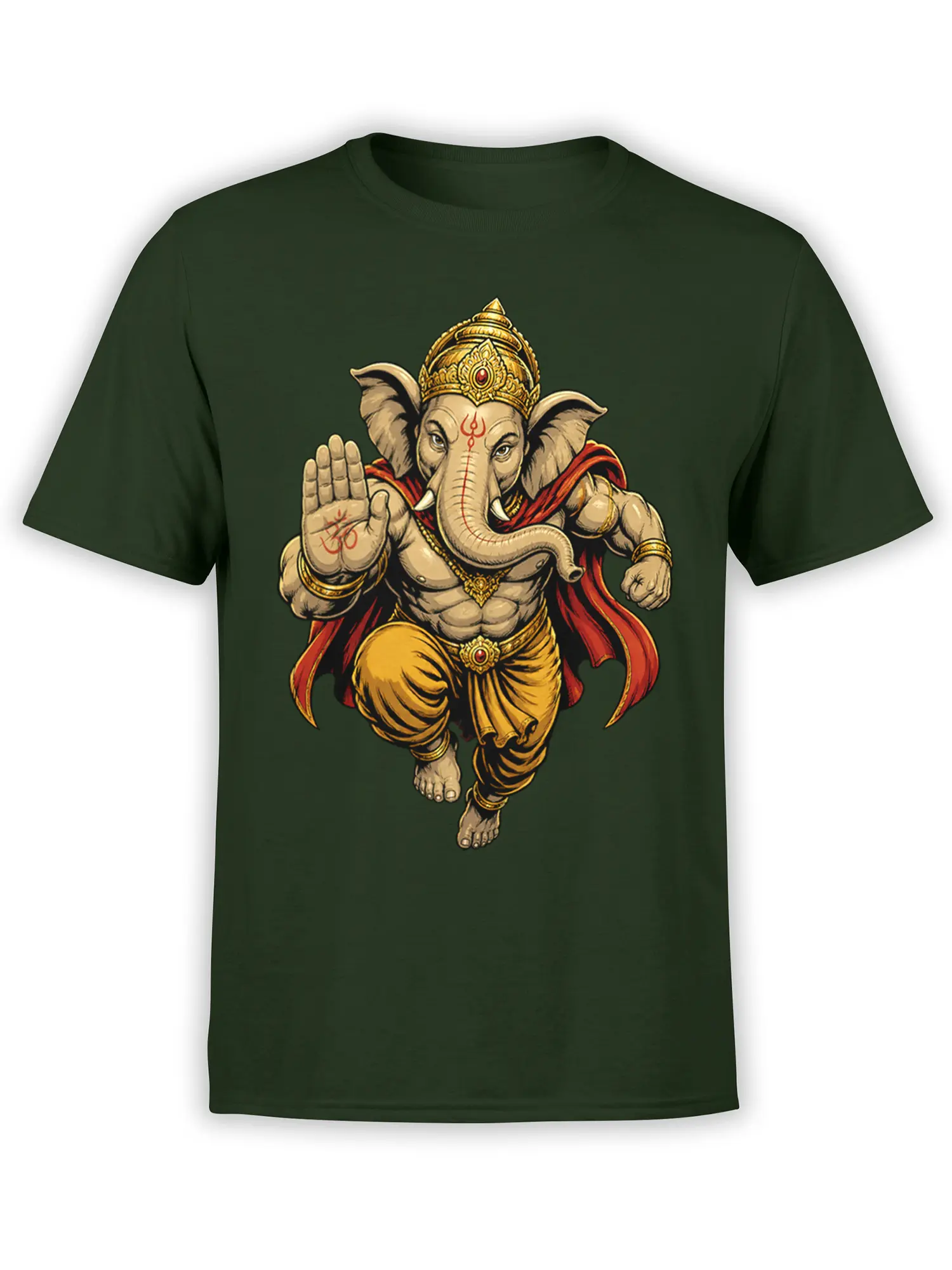 Elephant-headed deity in a gold crown and red cape printed on a dark green T-shirt