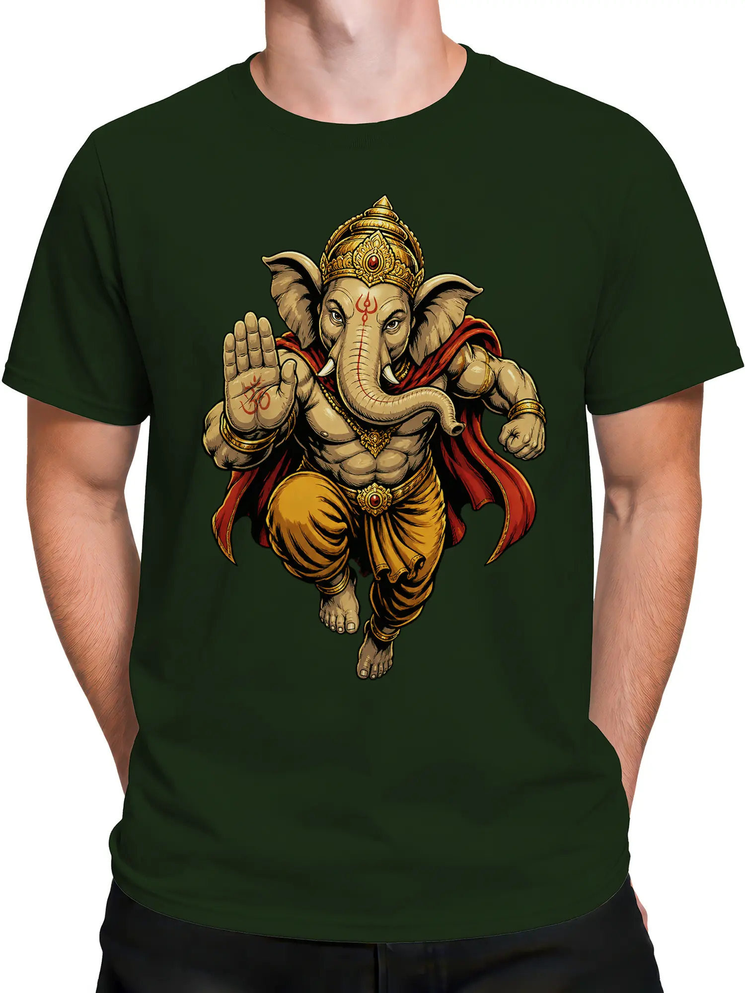 Male torso wearing a dark green T-shirt with an elephant-headed deity design