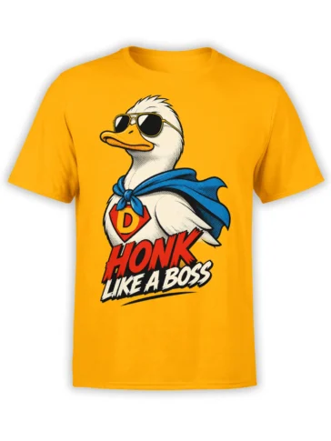 White duck in sunglasses and blue cape with “Honk Like a Boss” text on a yellow T-shirt