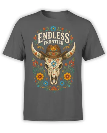 Gray T-shirt with a colorful floral cow skull, cowboy hat, and ENDLESS FRONTIER design