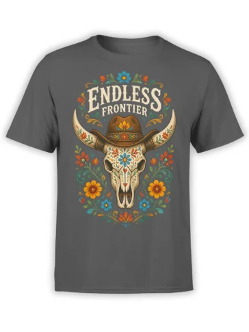 Gray T-shirt with a colorful floral cow skull, cowboy hat, and ENDLESS FRONTIER design