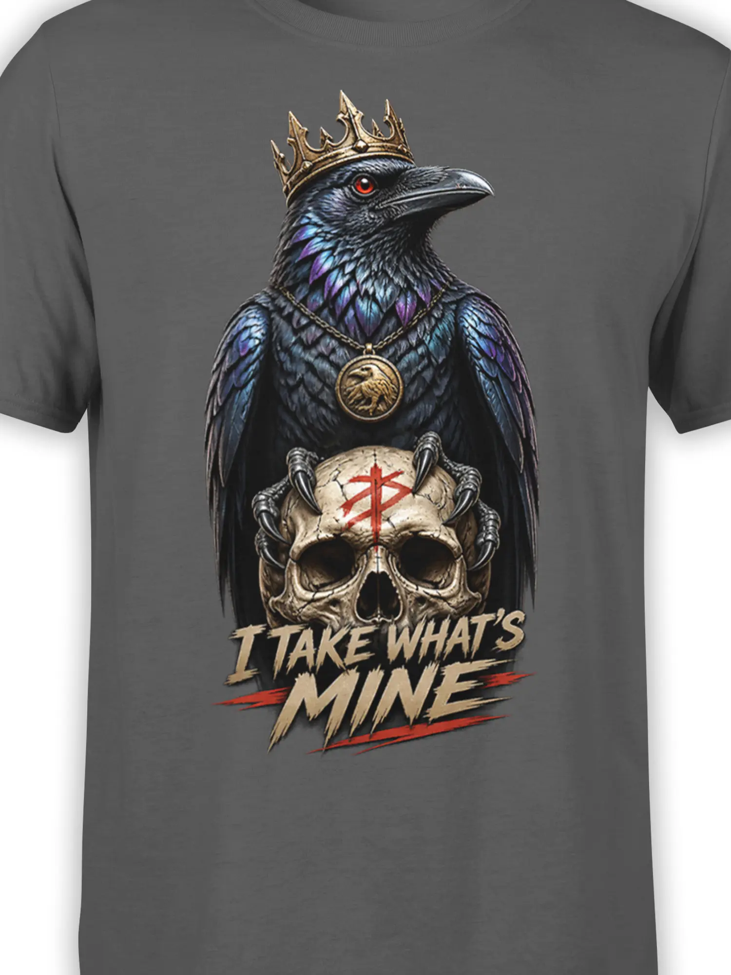 Close-up of crowned raven and skull artwork on a gray graphic T-shirt