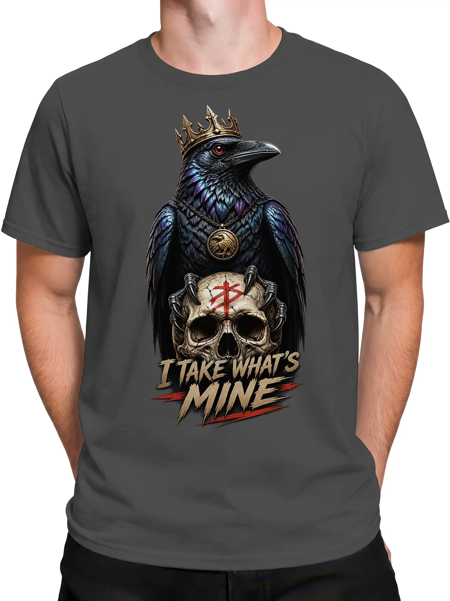 Male torso wearing a gray crowned raven skull graphic T-shirt