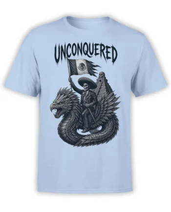 Light blue T-shirt with an unconquered skeleton rider, feathered dragon, Mexican flag, and pyramid artwork