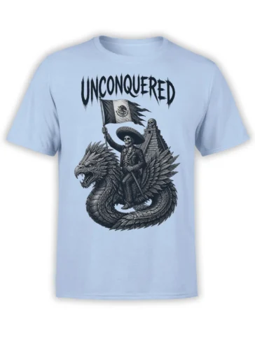 Light blue T-shirt with an unconquered skeleton rider, feathered dragon, Mexican flag, and pyramid artwork