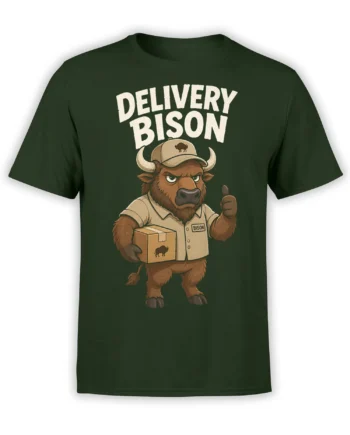 Vintage bison delivery mascot carrying a package on a green graphic T-shirt