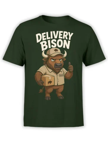 Vintage bison delivery mascot carrying a package on a green graphic T-shirt