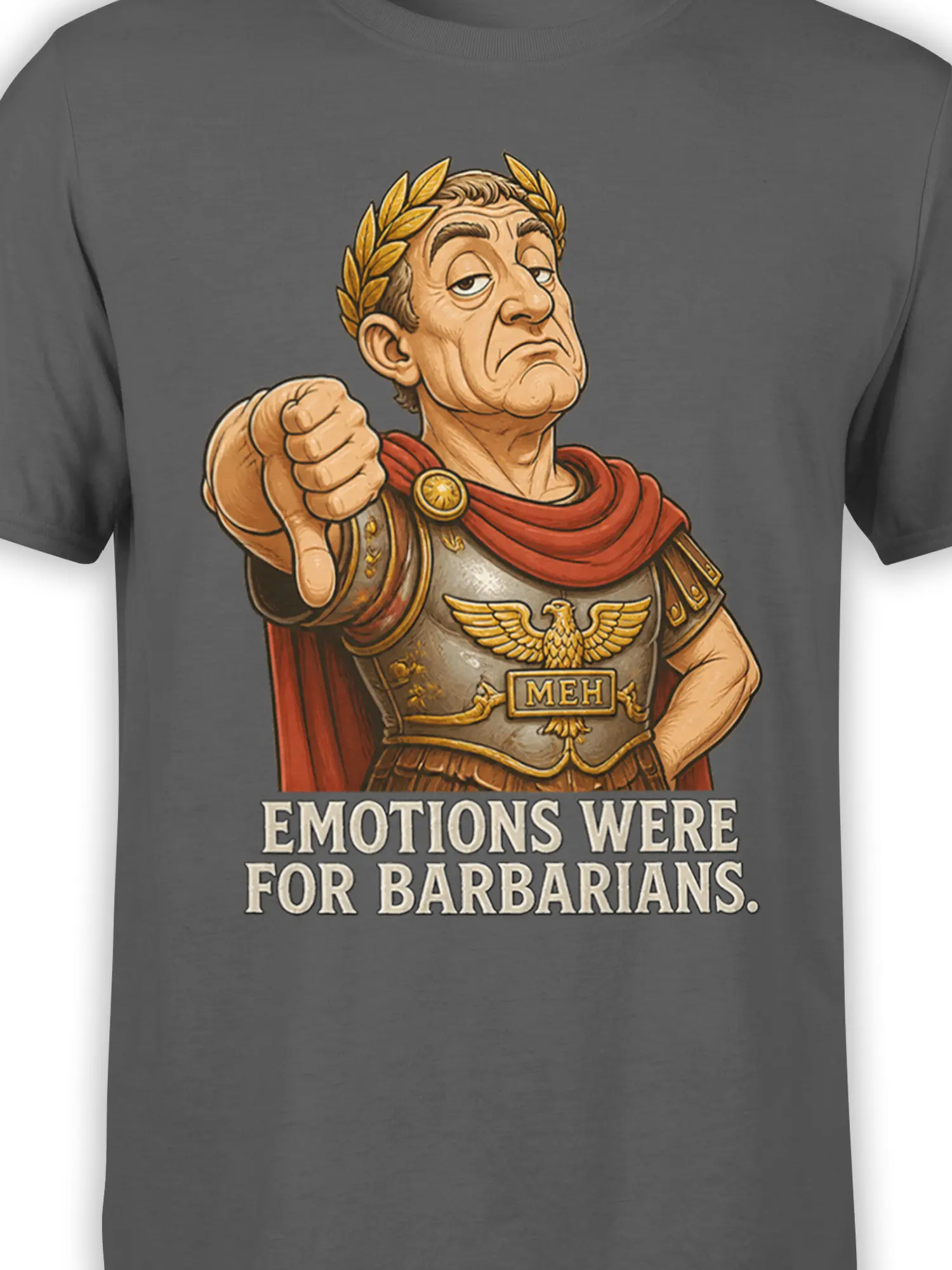 Close-up of Roman warrior graphic with laurel crown, armor, red cape, eagle emblem, and “MEH” text on gray fabric