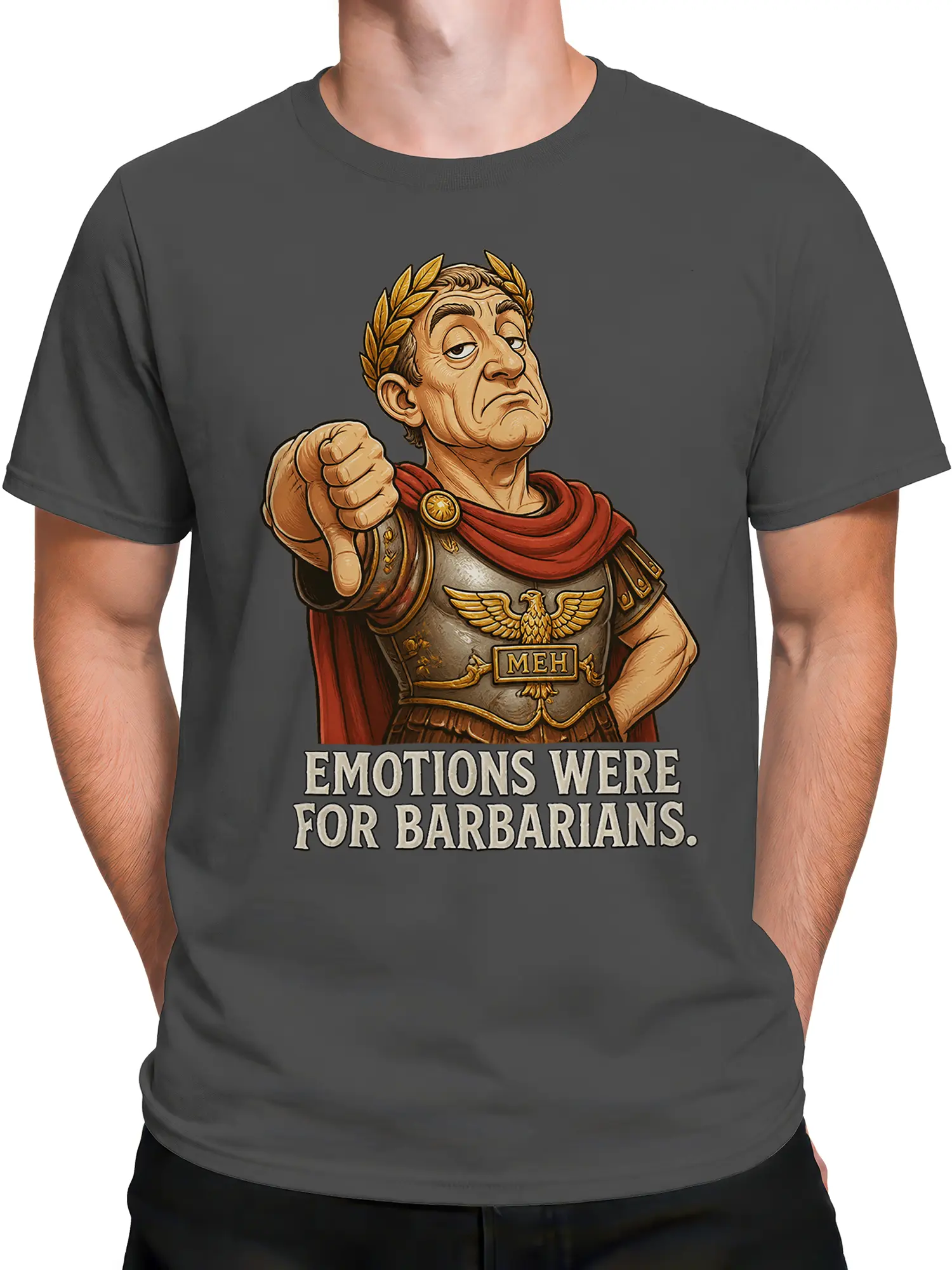 Male torso wearing a gray Roman warrior graphic tee with armor, laurel crown, red cape, and “MEH” emblem