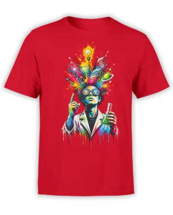 Colorful scientist graphic with goggles, green flask, DNA, planets, and light bulb on a red T-shirt