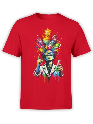 Colorful scientist graphic with goggles, green flask, DNA, planets, and light bulb on a red T-shirt