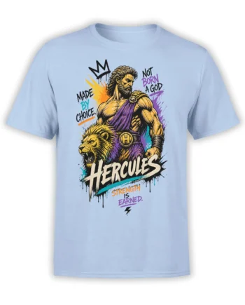 Hercules and a roaring lion graphic with earned strength lettering on a light blue T-shirt
