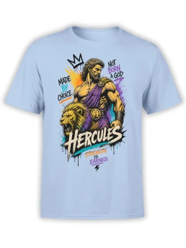 Hercules and a roaring lion graphic with earned strength lettering on a light blue T-shirt