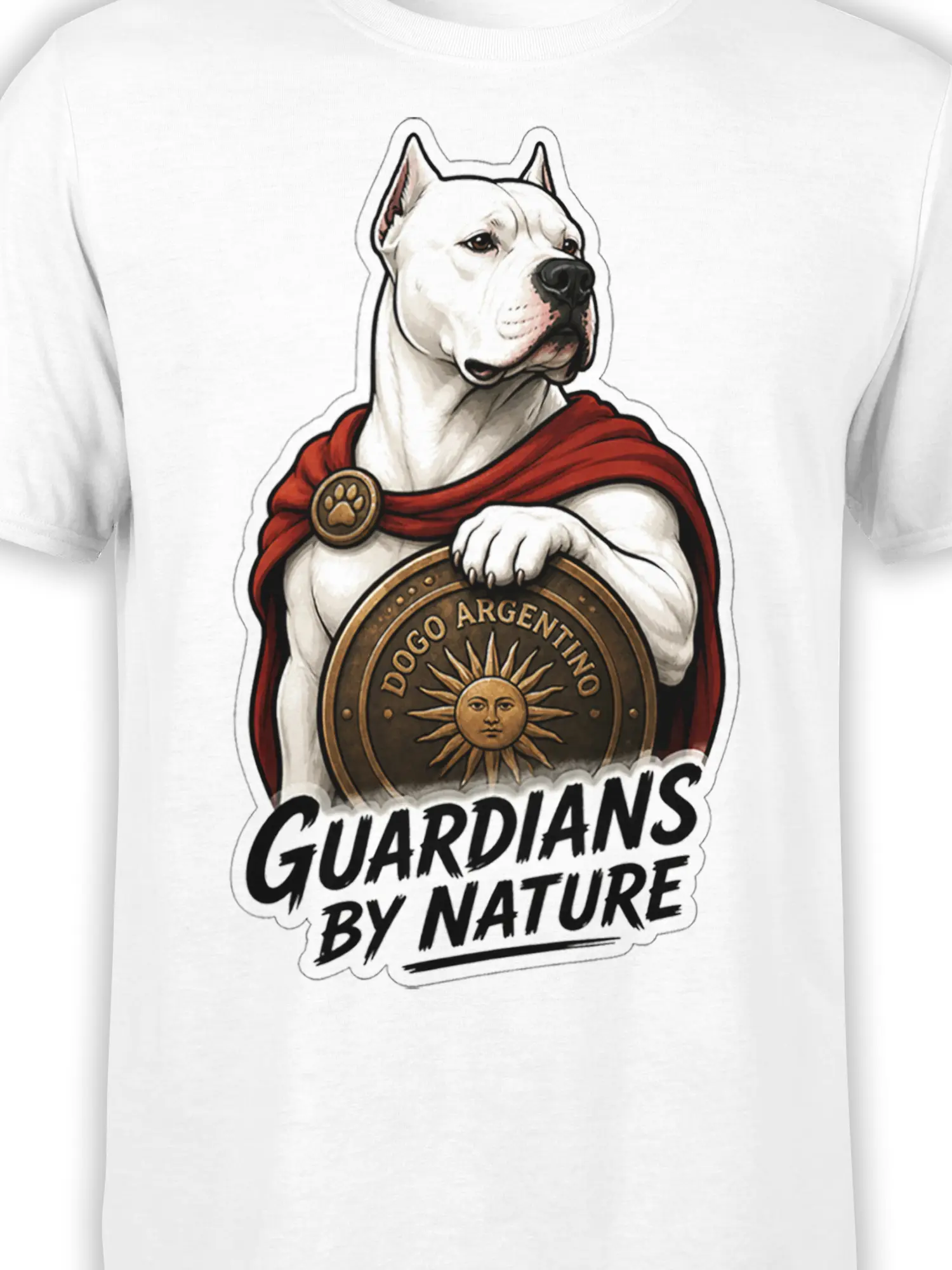 Close-up of Dogo Argentino guardian artwork with red cape, bronze shield, sun emblem, and bold text