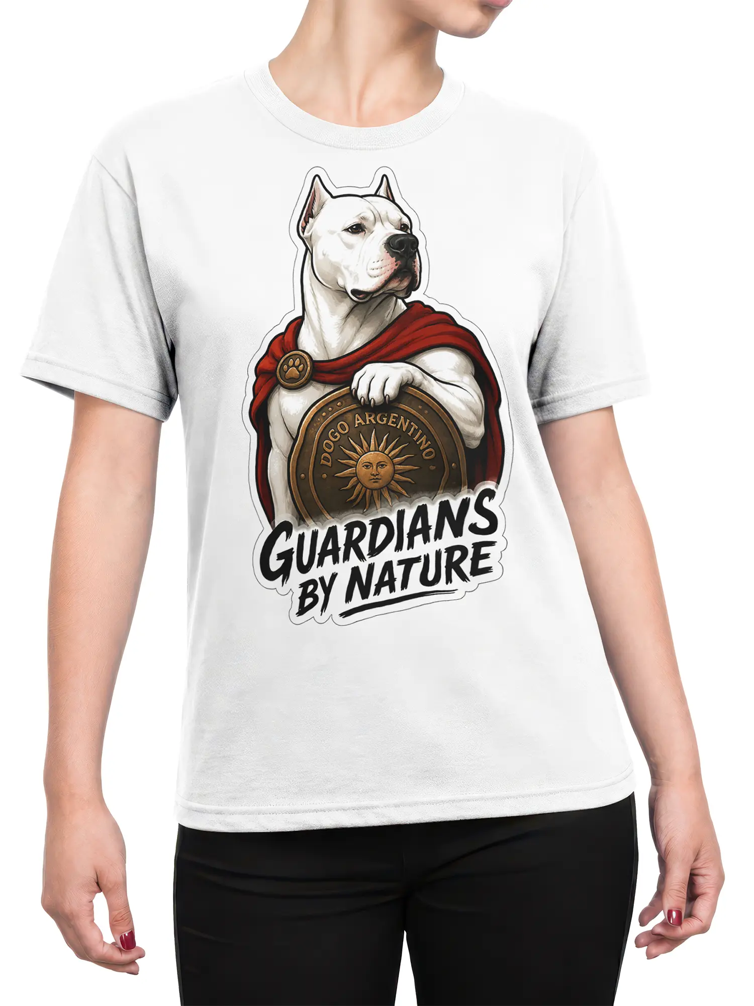 Female torso wearing a white Dogo Argentino guardian dog graphic tee with shield and red cape design