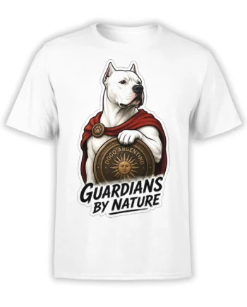White Dogo Argentino guardian dog t-shirt with red cape, shield, and Guardians by Nature artwork