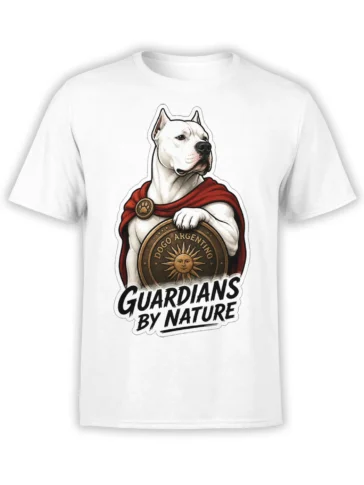 White Dogo Argentino guardian dog t-shirt with red cape, shield, and Guardians by Nature artwork