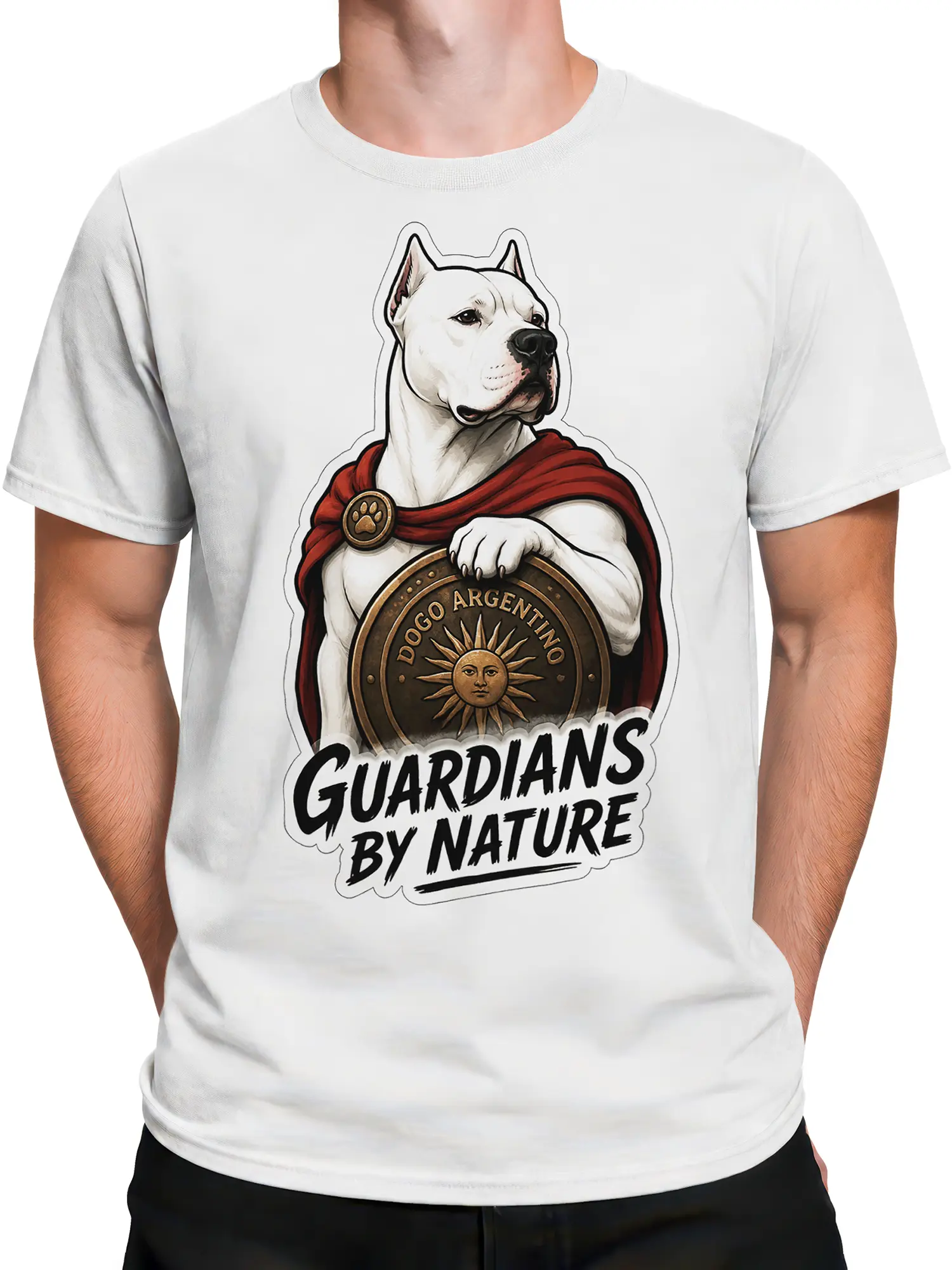Male torso wearing a white Dogo Argentino dog graphic tee with guardian shield and red cape artwork