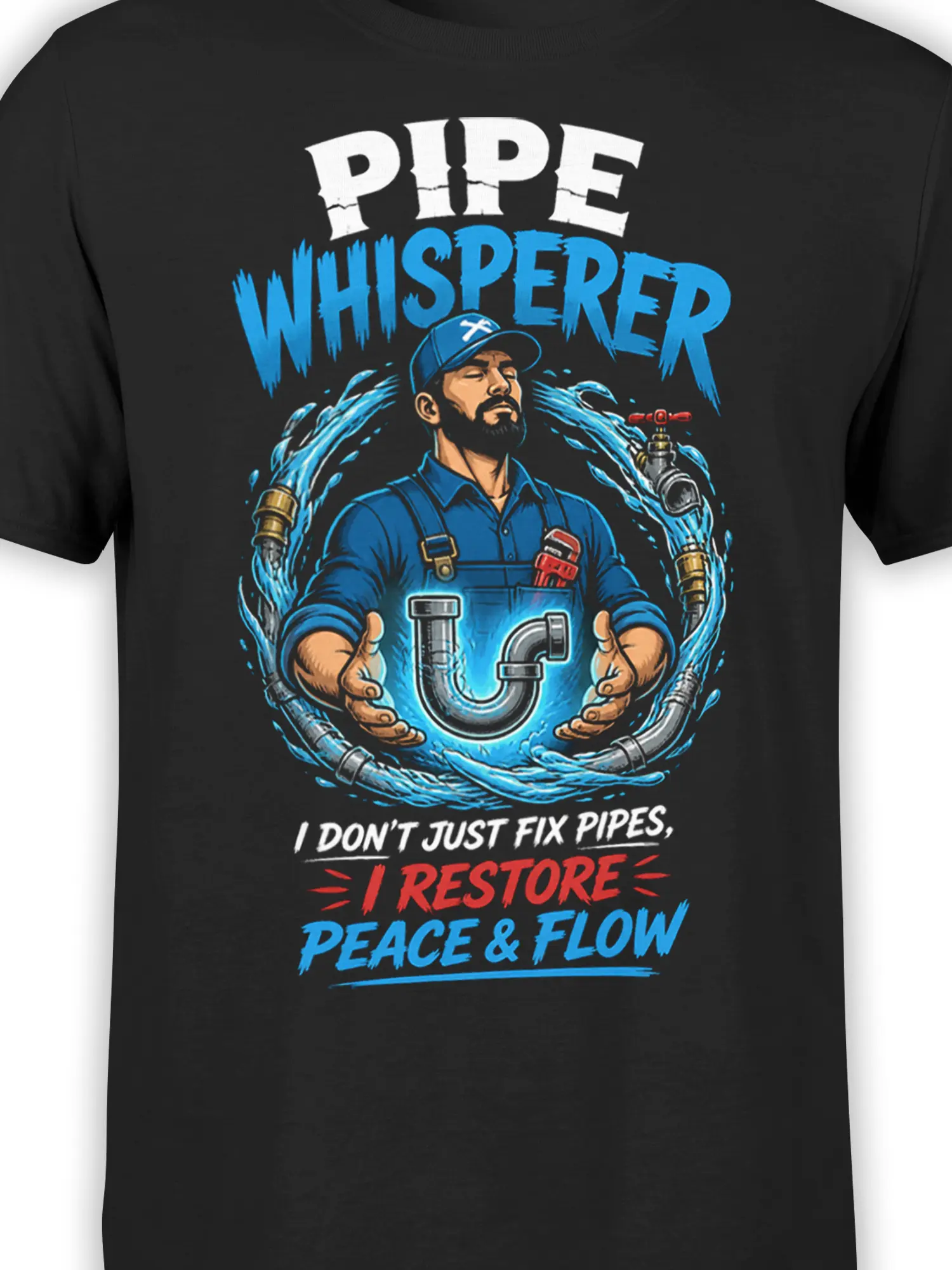 Close-up of Pipe Whisperer plumber artwork with blue workwear, curved pipe, valves, and flowing water