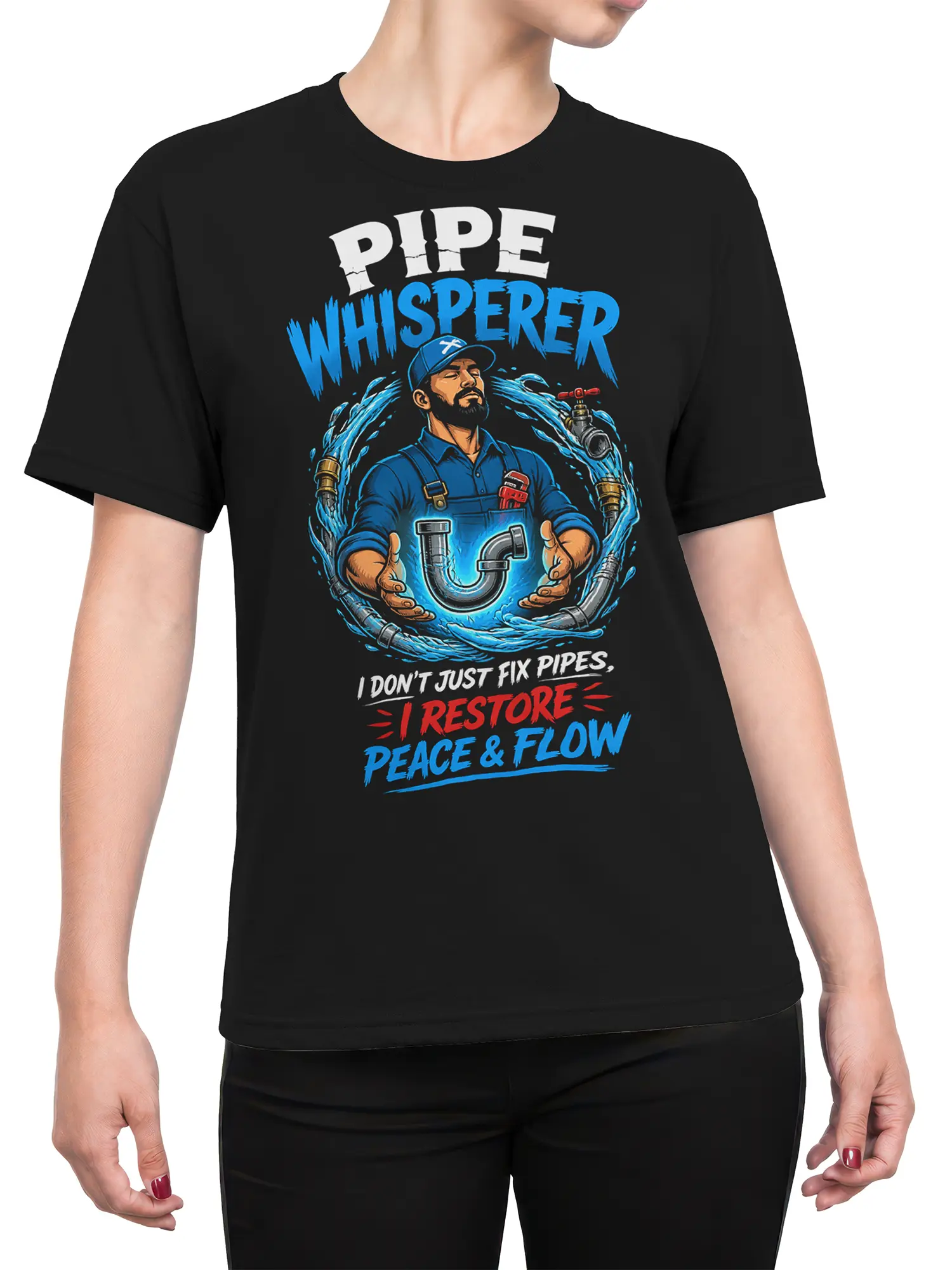Female torso wearing a black Pipe Whisperer plumber T-shirt with colorful pipe repair artwork