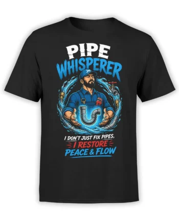 Black plumber T-shirt with bearded pipe worker, flowing water, and Pipe Whisperer graphic
